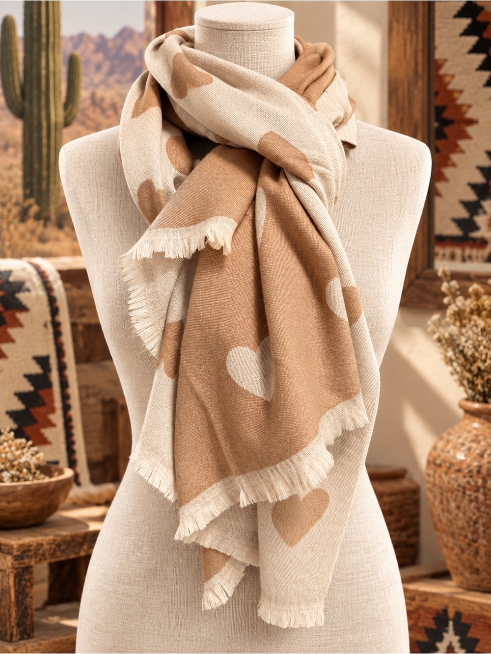 🆕❤️Cozy Heart Pattern Reversible  Scarf - Cream & Tan